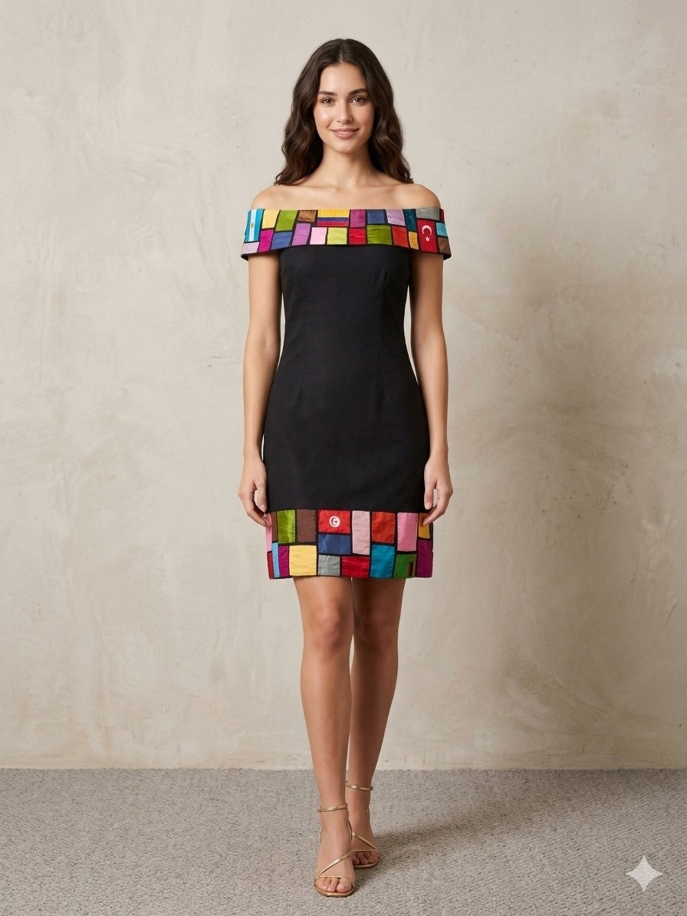 CHULA Unique Off-The-Shoulder Black 100% Silk Flag Patchwork Wearable Art Dress